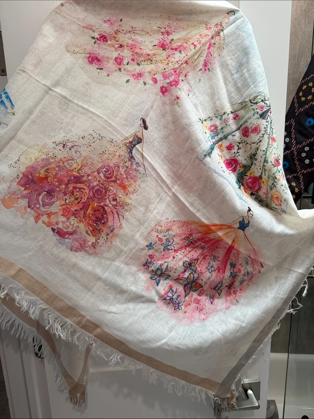 Floral Watercolor Fringe Wrap in Cream with Pink & Blue Accents